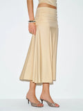 Side Ruched High Waist Flowy A-Line Midi Skirt