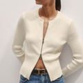 Slim Fit Crew Neck Double Zip Cropped Rib Knit Cardigan