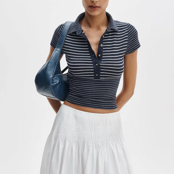 Striped Collared Button Front Cropped Polo Top