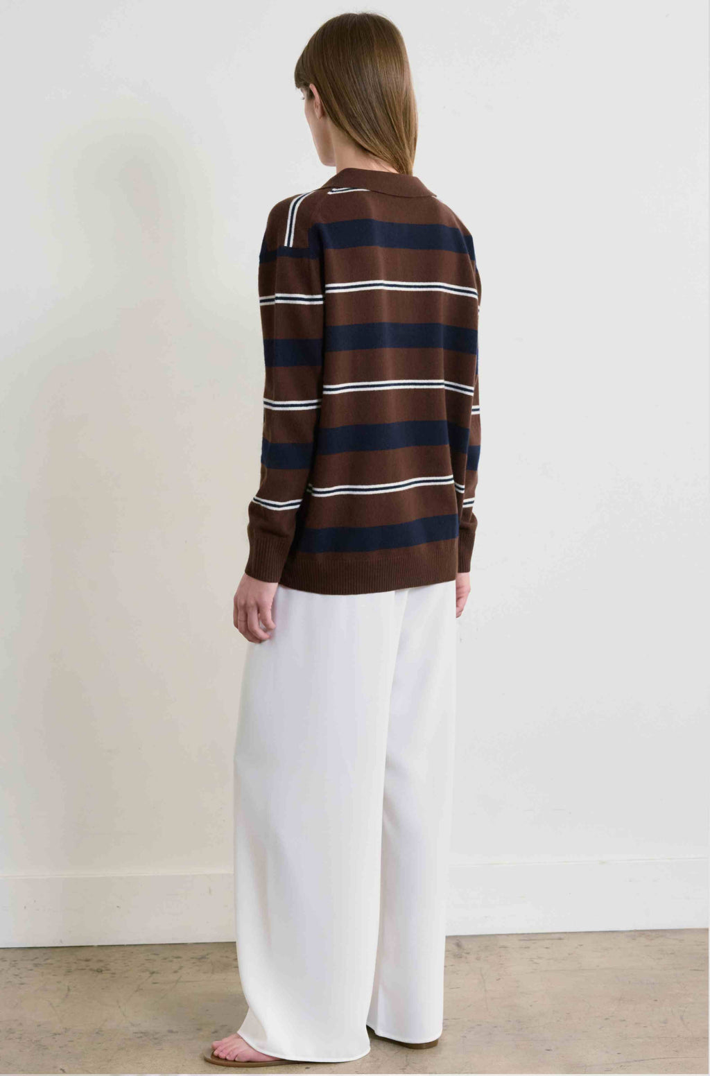 Wool Oversized Striped Long Sleeve Polo Knit Top