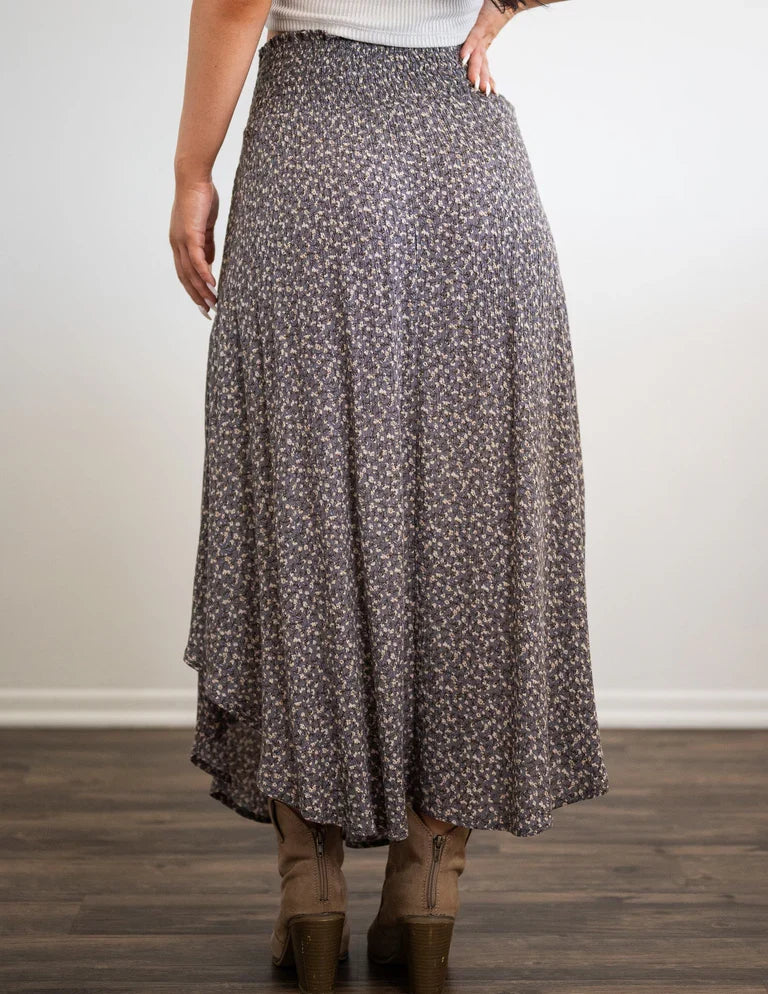 High Waist Ruffle Edge Ditsy Floral Asymmetric Hem Midi Skirt
